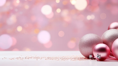 Pink christmas baubles on bokeh background with copy spaceの素材