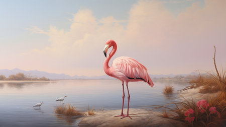 Pink flamingo standing on the shore of the lake. 3d renderingの素材