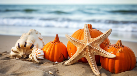 Halloween pumpkins and starfish on the beach with sea backgroundの素材