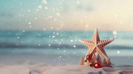 Starfish and Christmas decorations on a sandy beach. Holiday concept.の素材