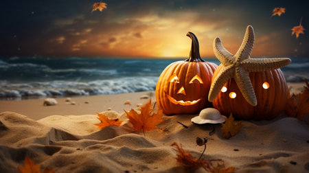 Halloween pumpkins with starfish and autumn leaves on sandy beachの素材