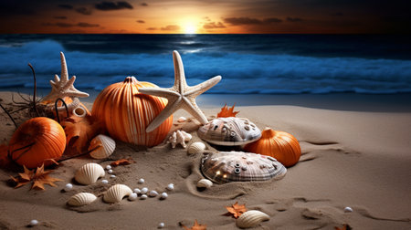 Sea shells and starfishes on the sand against the background of the seaの素材