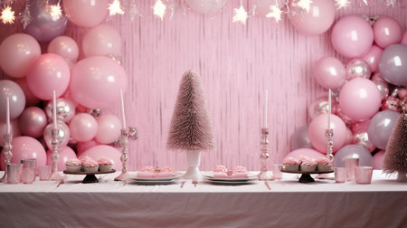 Candy bar with christmas tree and pink balloons on a pink backgroundの素材