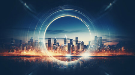 Circle with light effects over night cityscape. 3D renderingの素材