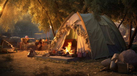 camping in the forest on a sunny summer evening, campfireの素材