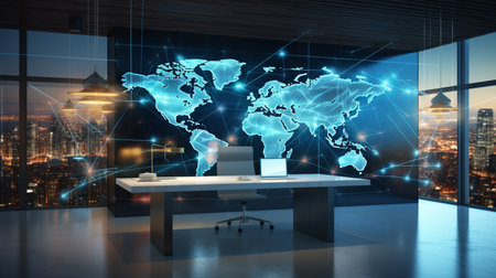 Dark office interior with world map hologram and city view. 3D Renderingの素材