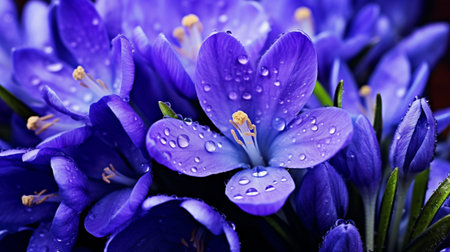 Bouquet of blue crocus flowers with water drops close upの素材