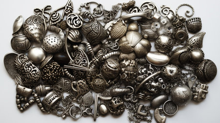 Collection of antique metal jewelry on a white background. Top view.の素材