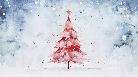 Digital painting of christmas tree with snowflakes against snowy landscapeの素材