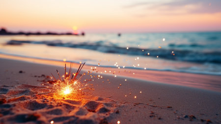 Sparkler on the beach at sunset. Selective focus.の素材