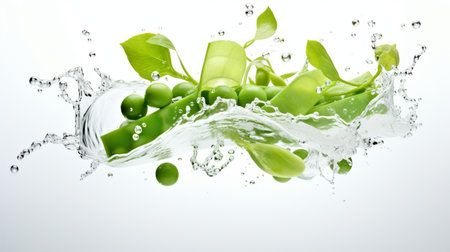 Fresh green peas with water splash isolated on white background. Close up.の素材