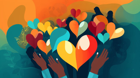 Vector illustration of hands holding heart shaped balloons on abstract colorful background.の素材