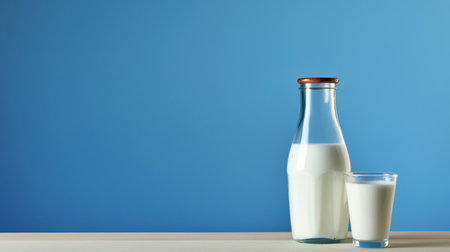 Bottle of milk and glass on blue background with copy space.の素材