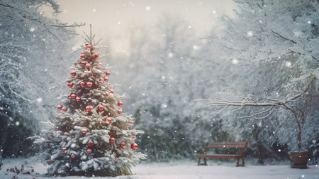 Snowy winter landscape with Christmas tree and bench in the park.の素材