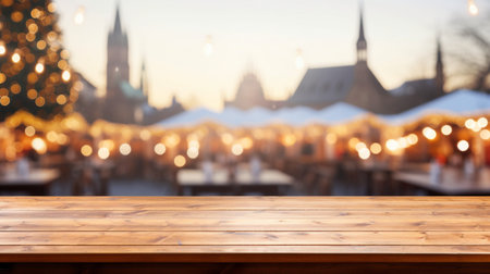 Empty wooden table and blurred background of Christmas market in Prague, Czech Republicの素材