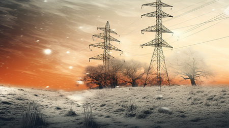 Electricity pylons in a beautiful winter landscape. 3D Renderingの素材