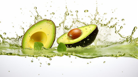 Avocado with water splash isolated on white background. 3d illustrationの素材