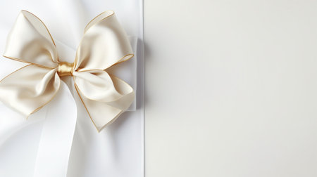 White gift box with golden bow on white background. Copy space.の素材