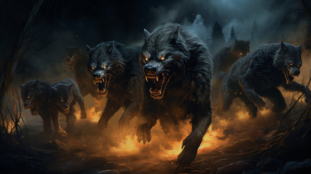 3d rendering of a group of wolves coming out of the fireの素材