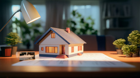 House model on desk in office. Real estate concept. Selective focus.の素材