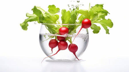 Fresh radish in a glass bowl with water on a white backgroundの素材