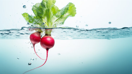 Fresh radish with water splash on white background. Healthy food concept.の素材