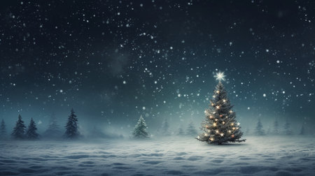Christmas tree in snowy landscape with falling snow and falling snowflakesの素材