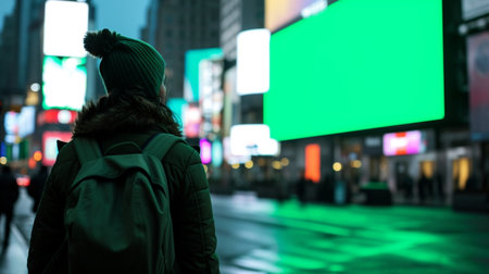 Back view of a young woman walking in Times Square at night.の素材