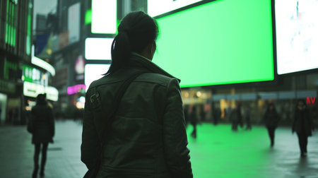 young woman walking in the city at night with a green screen in the backgroundの素材