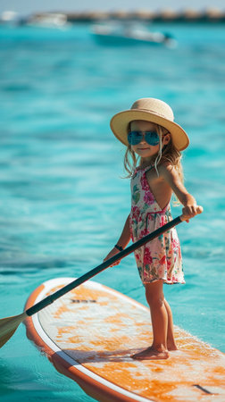 Adorable little girl on stand up paddle board at tropical beach during summer vacationの素材