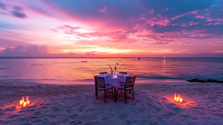 Romantic dinner on the beach at sunset in the tropics.の素材