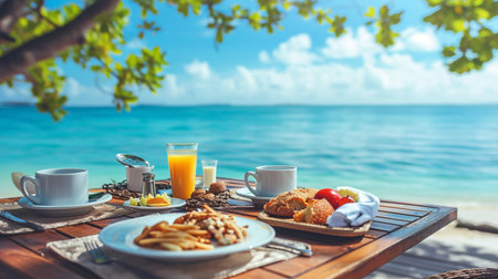 Breakfast with coffee, orange juice and croissants on tropical beachの素材