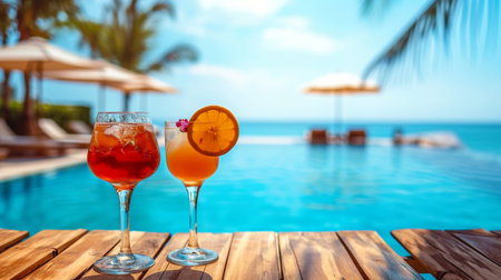 Cocktails on the background of the swimming pool and the seaの素材