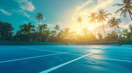 Tennis court and coconut tree with sunlight on blue sky background.の素材