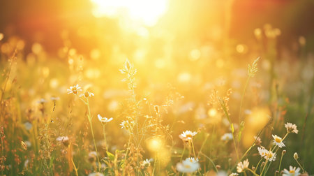 Summer meadow with daisies and sun rays. Nature backgroundの素材