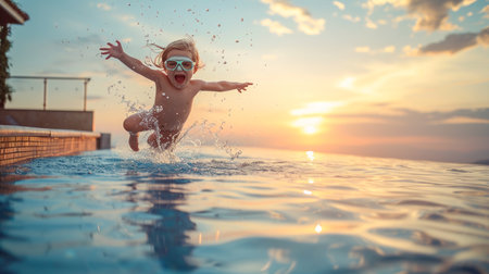 Happy little boy jumping in swimming pool at sunset. Kid having fun on summer vacationの素材