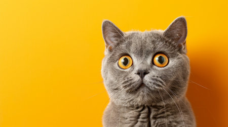 British Shorthair cat with orange eyes on yellow background, close upの素材
