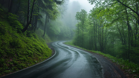 Road in the green forest in a foggy day. Beautiful summer landscapeの素材