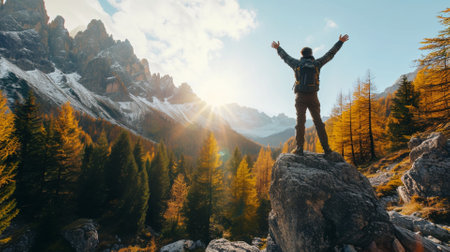 Hiker with raised hands standing on top of a mountain and enjoying the viewの素材