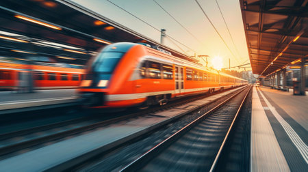 Modern high-speed train in motion at the station. Shallow depth of fieldの素材