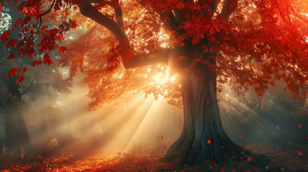 Magic autumn forest with sunbeams and rays of light. 3d renderの素材