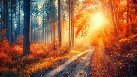 Road in the autumn forest. Sunset in the forest. Autumn landscape.の素材