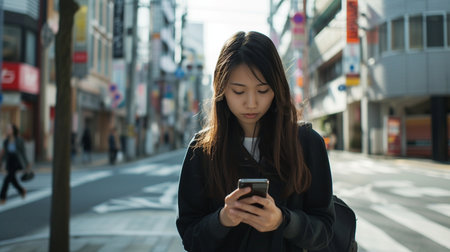 young beautiful and happy Asian Korean woman using mobile phone in city street at beautiful Japanese city street in communication technology and lifestyle conceptの素材
