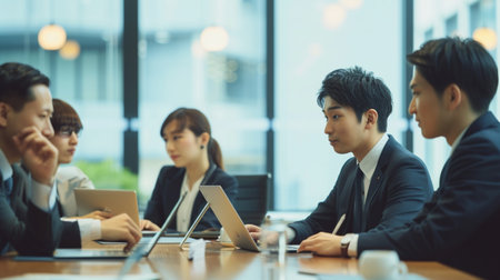 Asian business people and lawyers discussing documents and ideas at meeting room in officeの素材