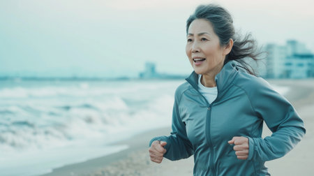 Asian senior woman running on the beach, healthy lifestyle and wellness concept.の素材