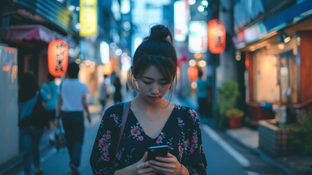 Woman using mobile phone in the street at night in Tokyo, Japanの素材