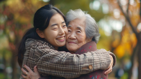 Asian senior woman hugging her granddaughter in the park at autumn time.の素材