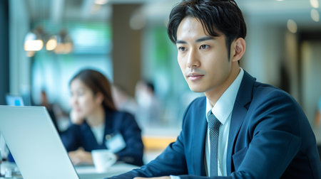 Portrait of young asian business man working on laptop computer in office.の素材