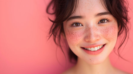 Portrait of a beautiful young woman with freckles on her faceの素材
