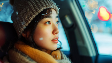 Portrait of a beautiful young asian woman in winter clothes sitting in the car.の素材
